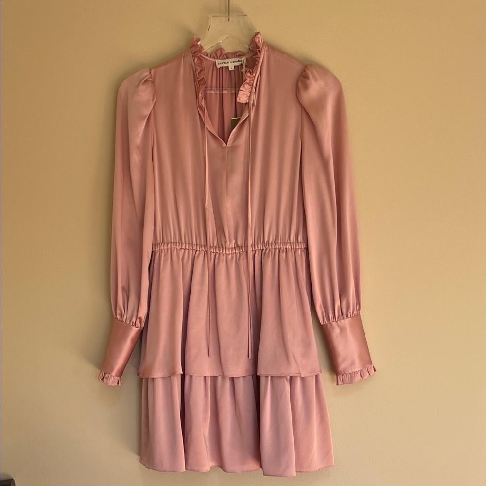 Lilysilk Tie Neck 2 Tiered Long-Sleeve 100% Silk Mini Dress Rosy Pink 2